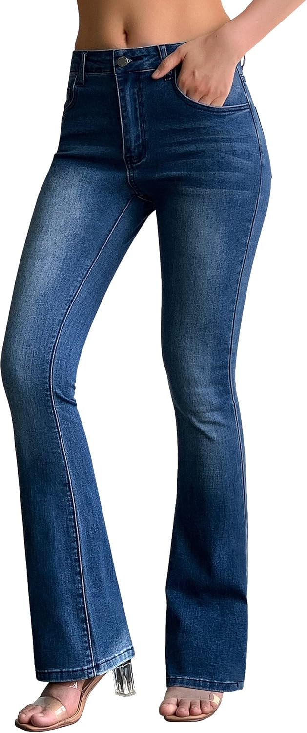 roswear Women's Trendy Stretchy Flare Jeans Mid Rise Bootcut Curvy Denim Pants