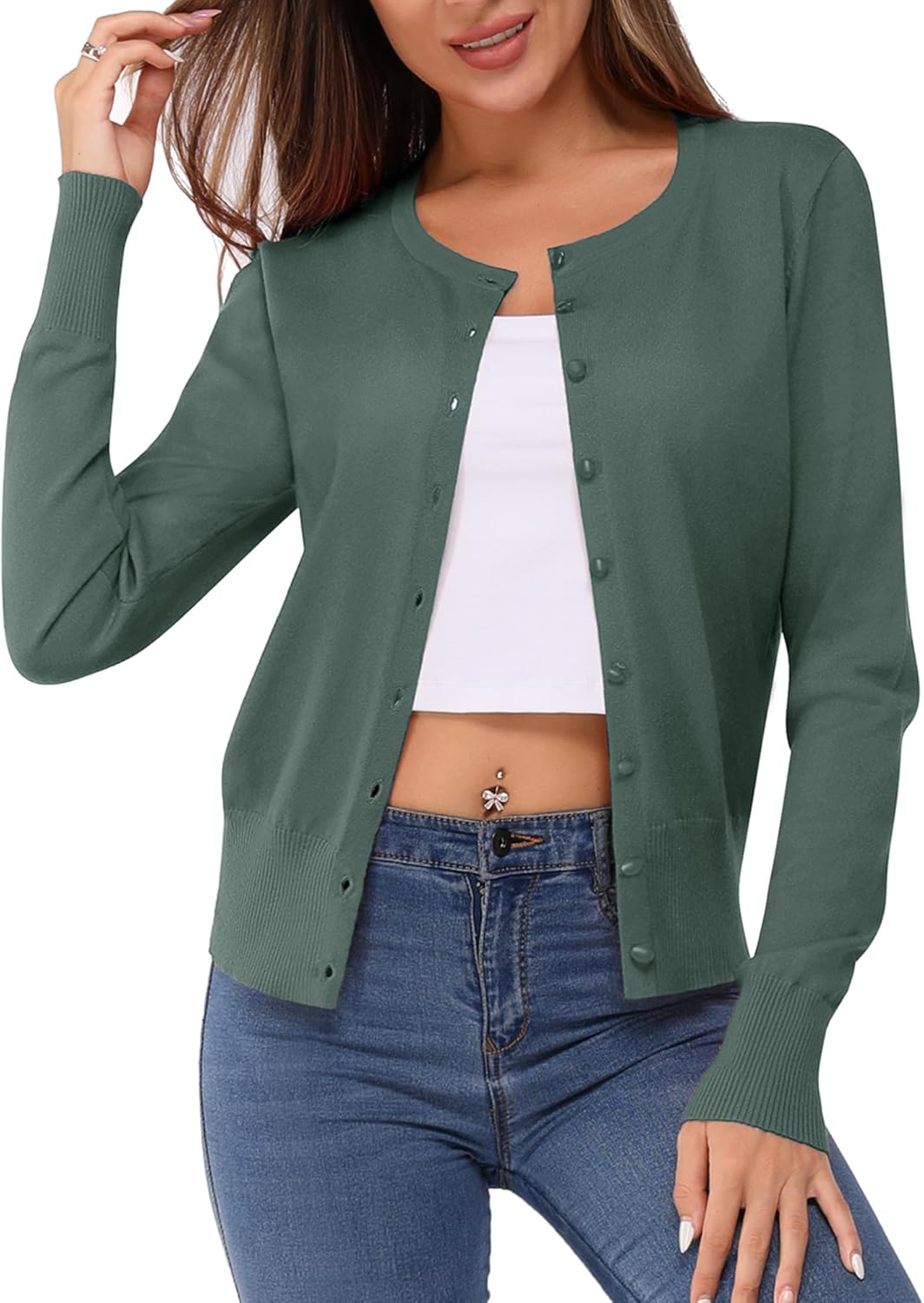 Newshows Women's Lightweight Button Down Cardigan Long Sleeve Casual Crew Neck Soft Knit Cardigans Sweater Tops