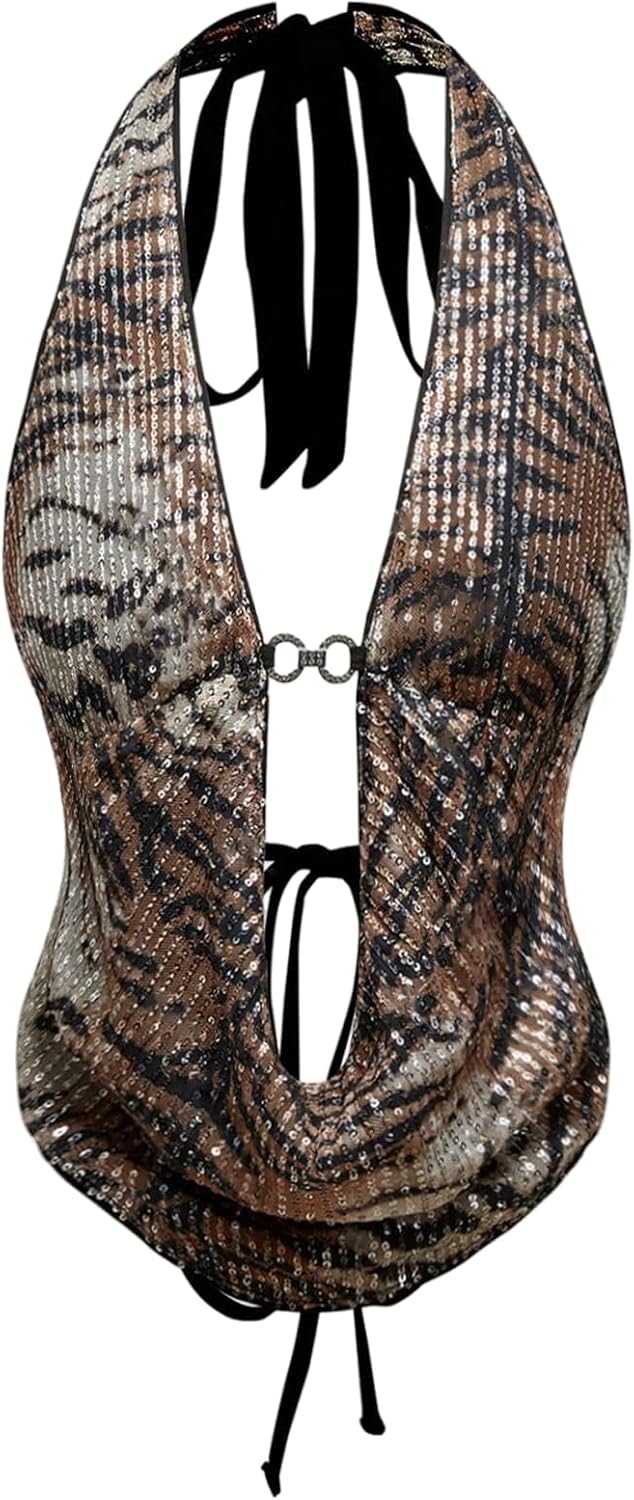 Verdusa Women's Cheetah Print Sequin Top Y2K Tie Back Corset Halter Going Out Crop Tops