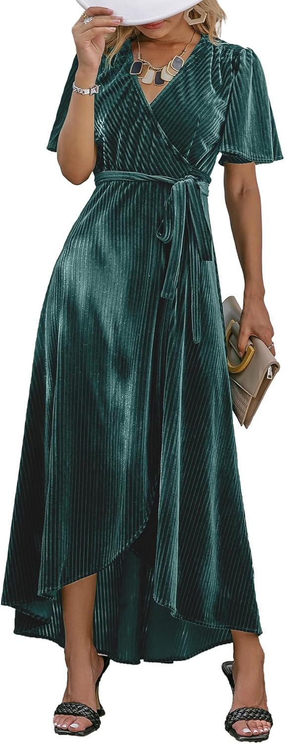 BerryGo Women's Velvet V Neck Wrap Semi Formal Dress Cocktail Party Maxi Dress for Wedding Guest