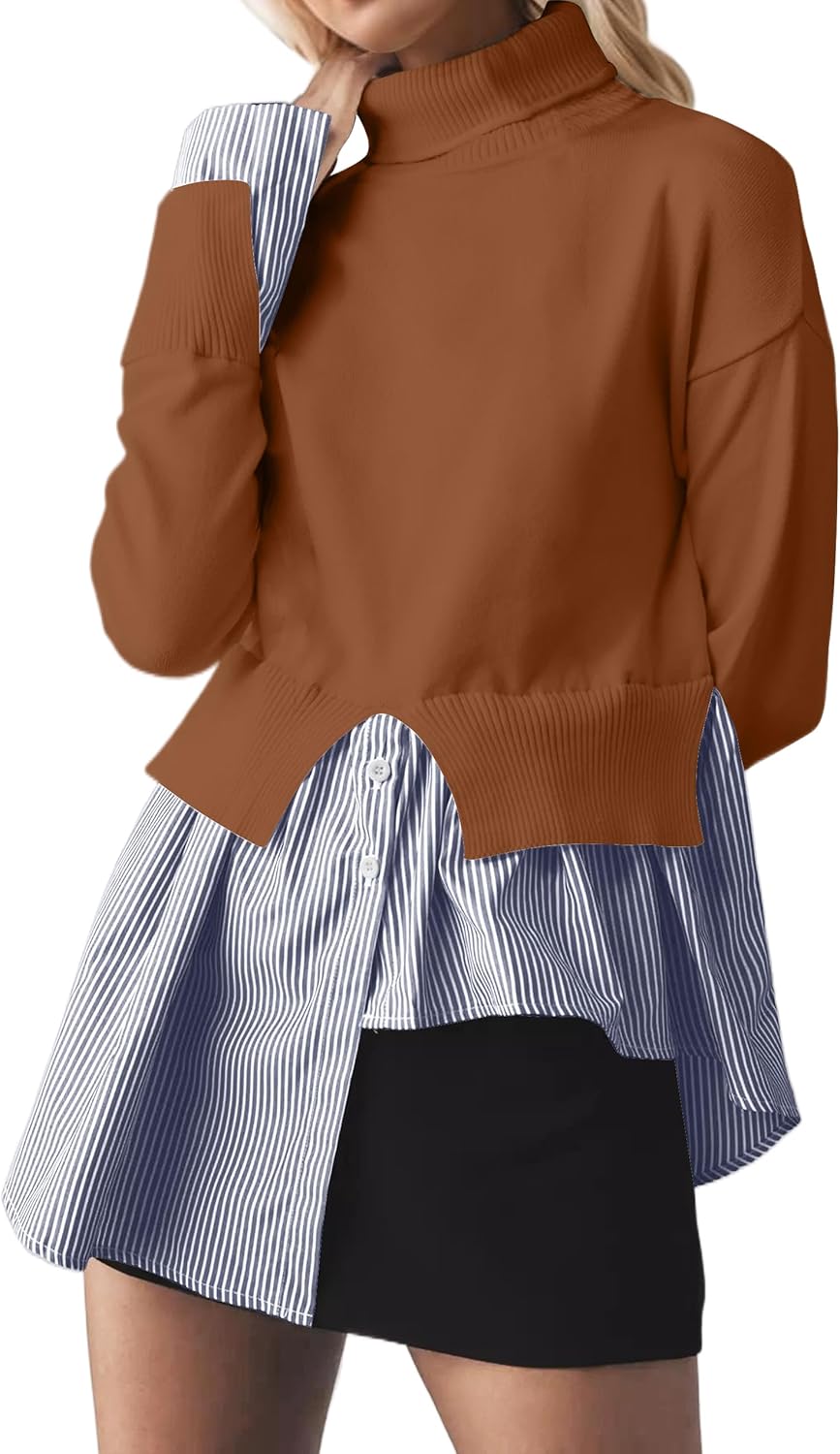 MISSACTIVER Women Slit Turtleneck Patchwork Sweater 2 in 1 Buttons Down Pullover Knit Sweater Asymmetrical Hem Shirt Top