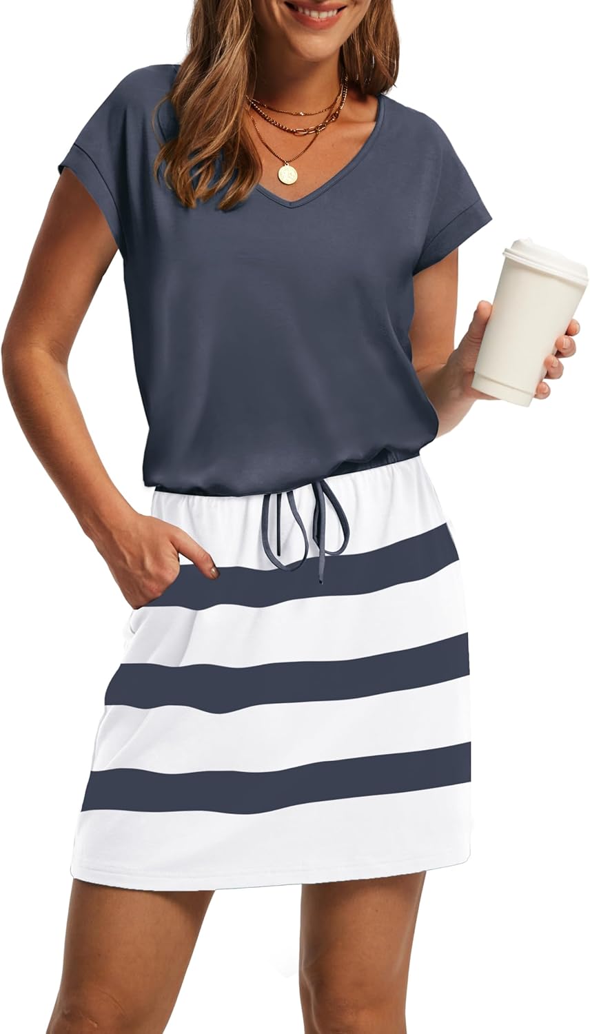 OFEEFAN Summer Dresses for Women 2025 V Neck T Shirt Casual Mini Dresses Tie Waist Sundresses with Pockets