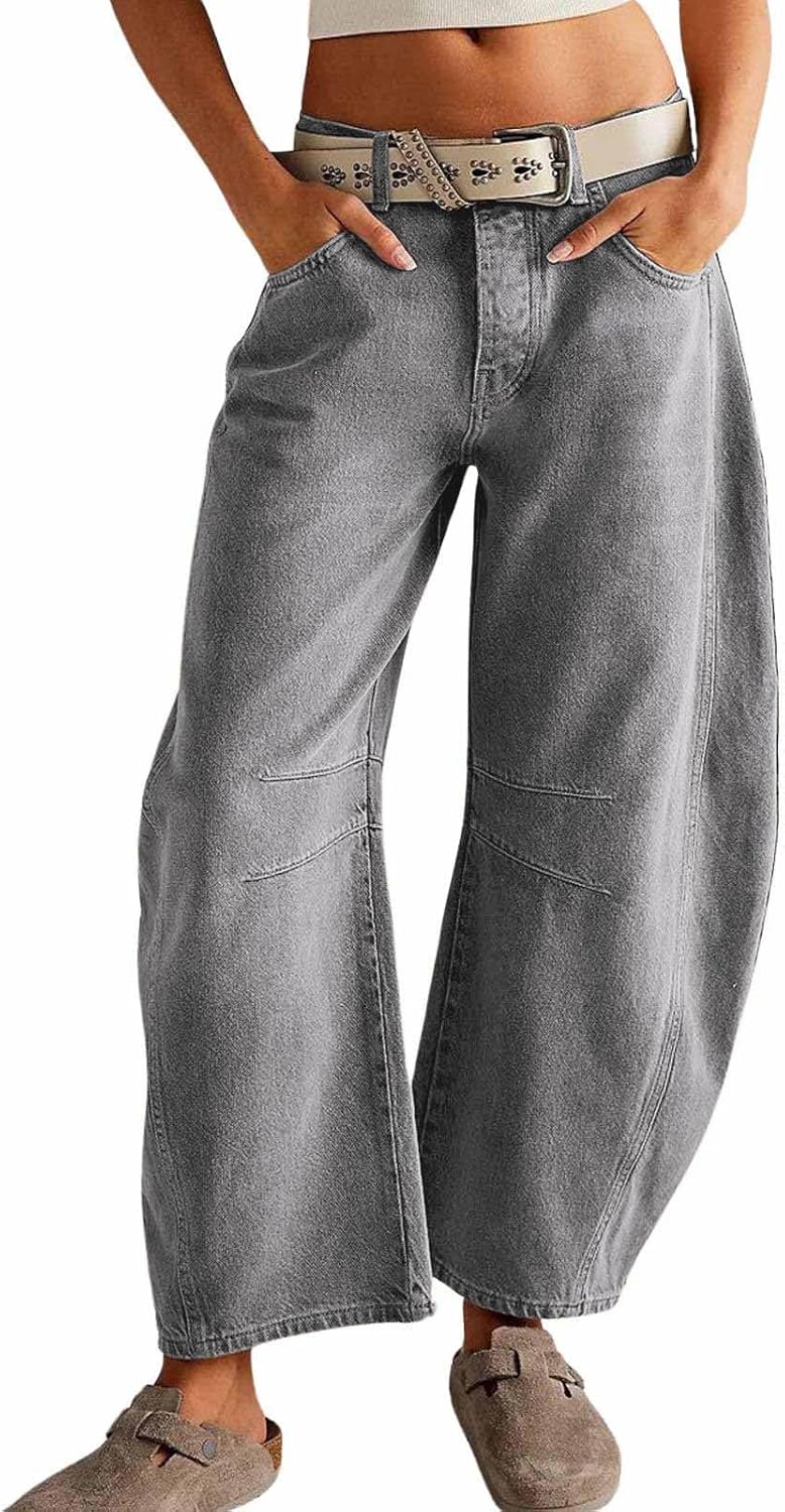 Womens Stretchy Mid Rise Barrel Jeans Vintage Loose Wide Leg Cropped Denim Pants Y2k Baggy Boyfriend Jeans