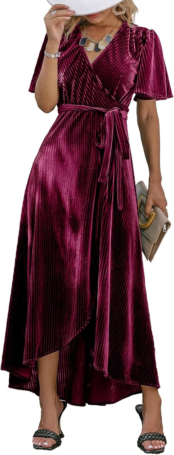 BerryGo Women's Velvet V Neck Wrap Semi Formal Dress Cocktail Party Maxi Dress for Wedding Guest