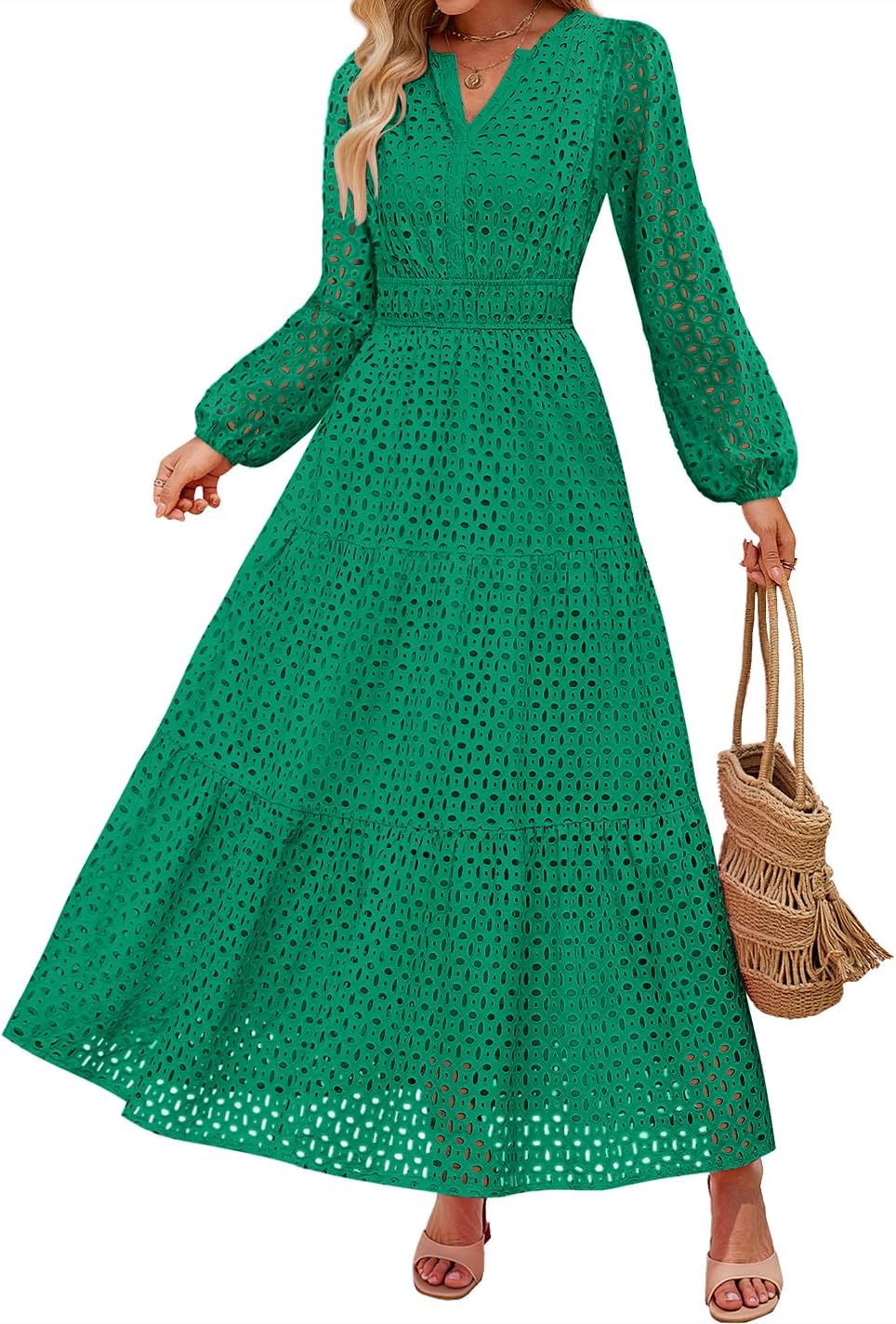 ZESICA Women's 2025 Fall Long Sleeve Maxi Dress V Neck Hollow Out Eyelet A Line Long Flowy Casual Party Dresses