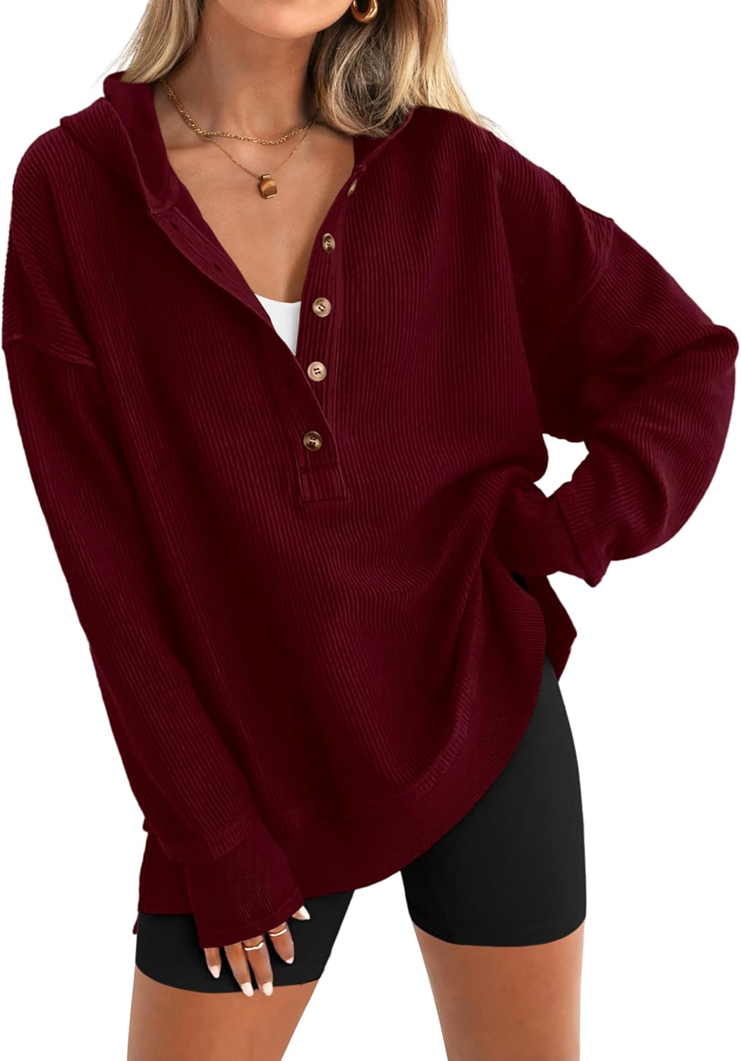 PRETTYGARDEN Womens Fashion 2025 Oversized Long Sleeve Hoodie Button Down V Neck Sweatshirt Side Slit Casual Pullover Tops