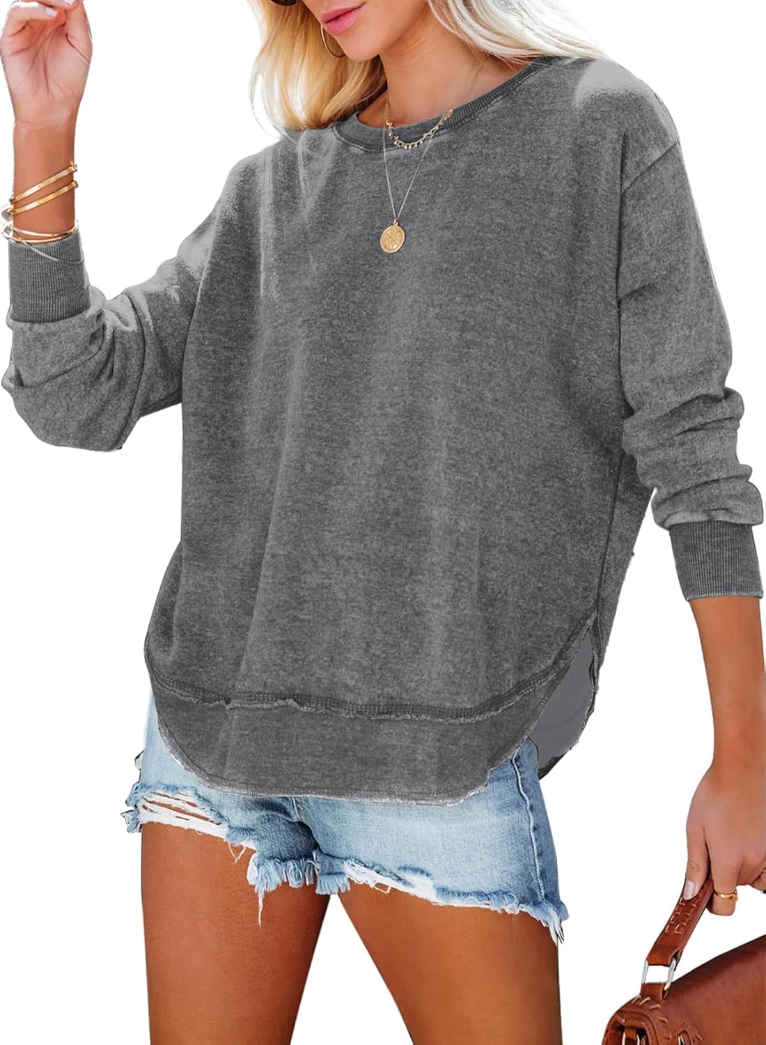 EVALESS Sweatshirt for Women Crewneck Long Sleeve Side Split Tops Casual Solid Color Loose Pullover Shirts 2025 Clothes