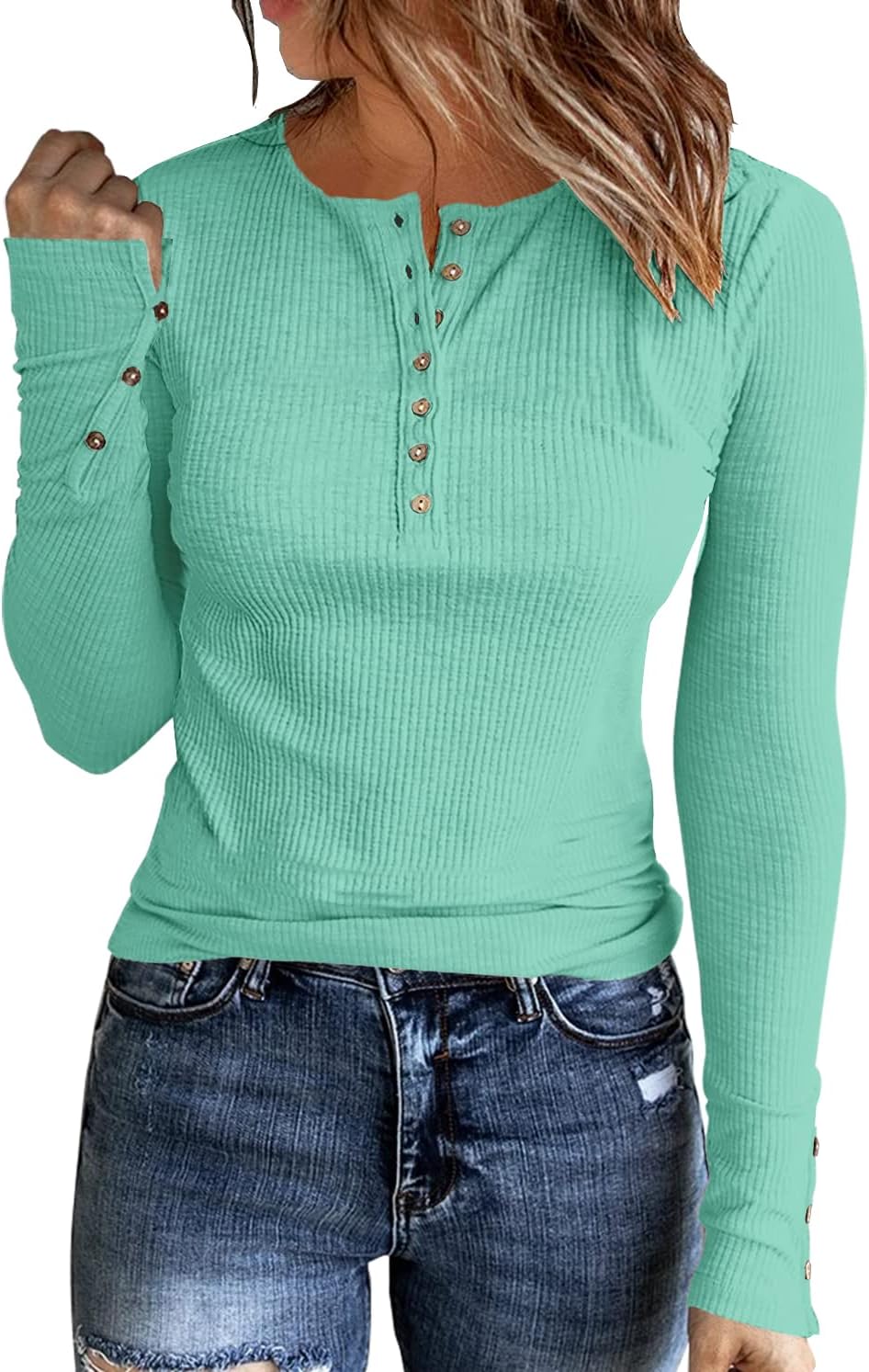 Womens Long Sleeves Ribbed Knit Tunic Shirts Scoop Neck Button Down Tops Casual Henley Tee Shirt Slim Fit Blouses