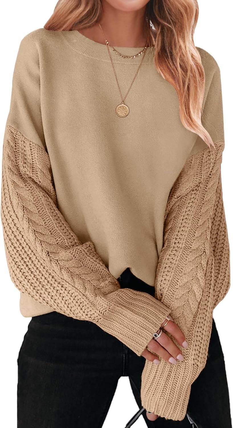 ZESICA Women's 2025 Fall Long Sleeve Crew Neck Solid Color Cable Knit Chunky Casual Oversized Pullover Sweater Tops