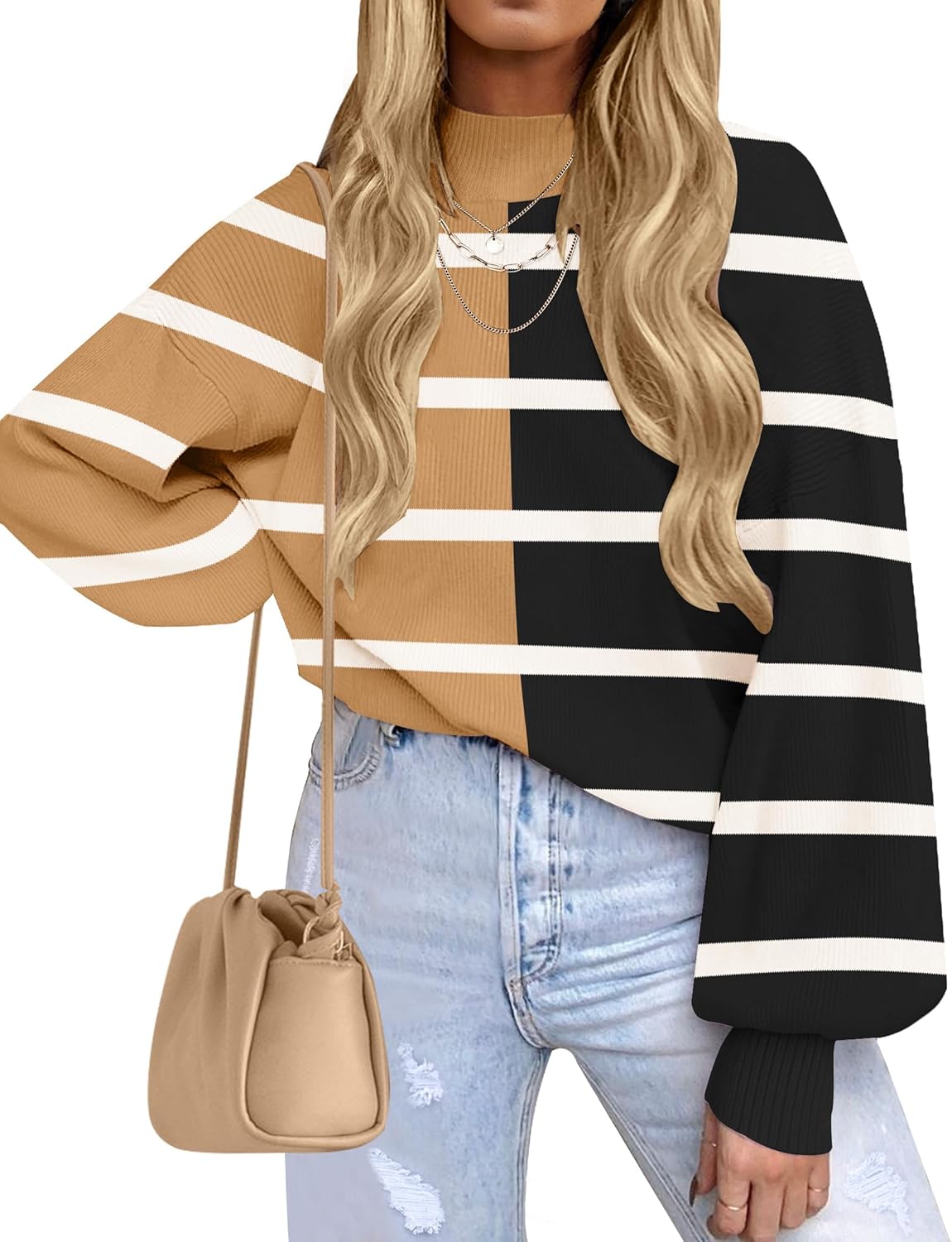 ZESICA Women's 2025 Fall Fashion Turtleneck Long Sleeve Striped Ribbed Knit Loose Pullover Sweater Tops