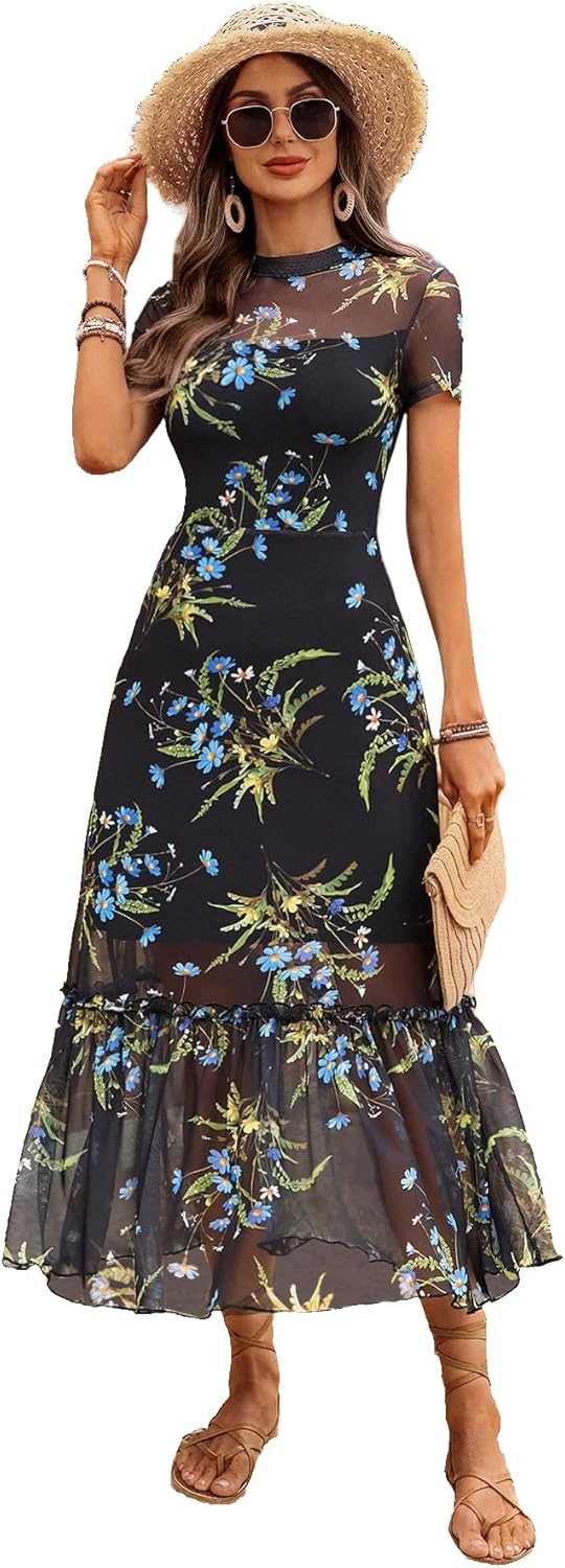 GothDark Women's Summer Floral Mesh Ruffle Dress Short Sleeve Round Neck Waist Cinched Casual Maxi Wedding Guest Dresses