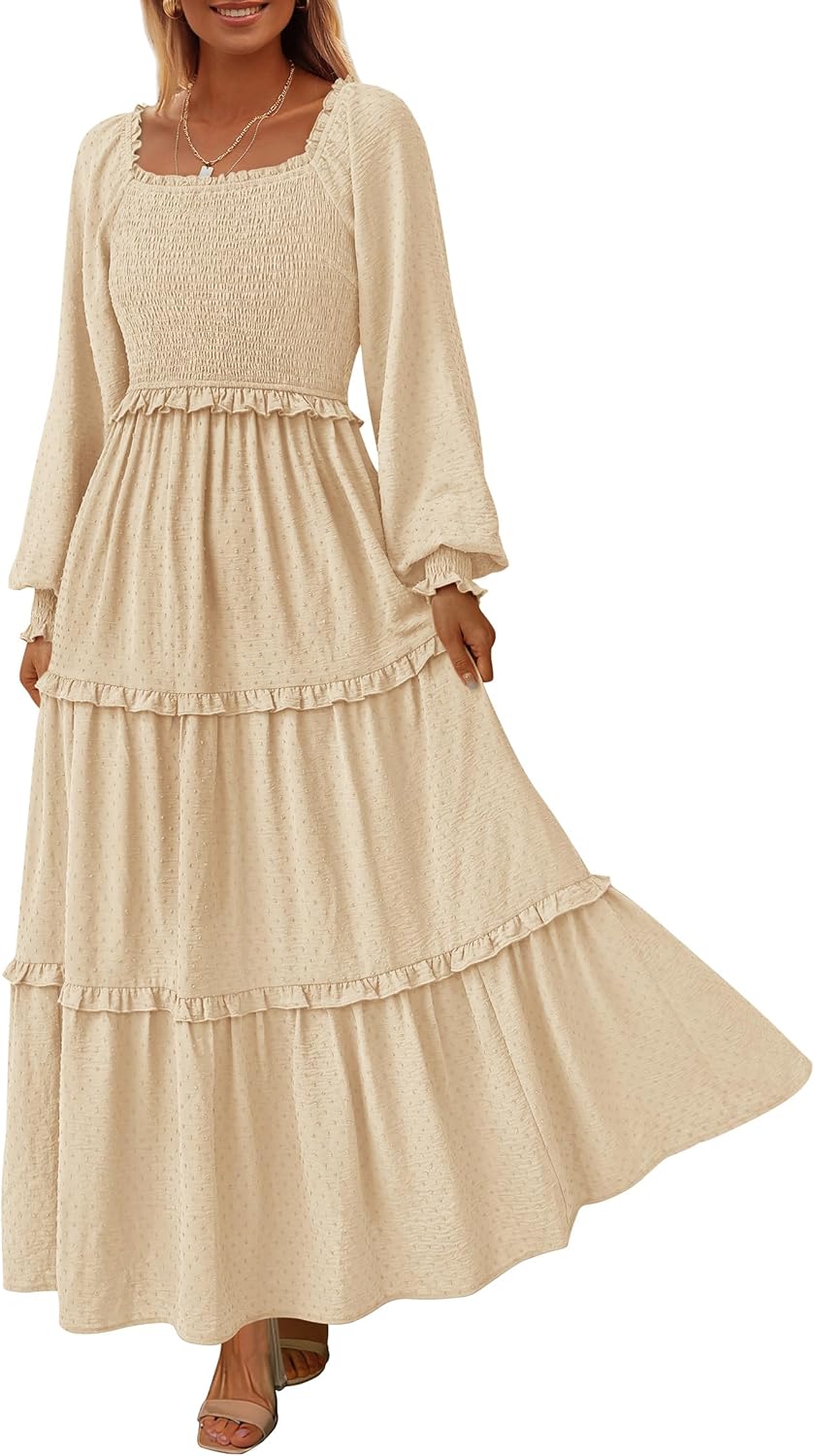 PRETTYGARDEN Fall Dresses for Women 2025 Long Sleeve Smocked Square Neck Swiss Dot Tiered Flowy Wedding Guest Maxi Dress
