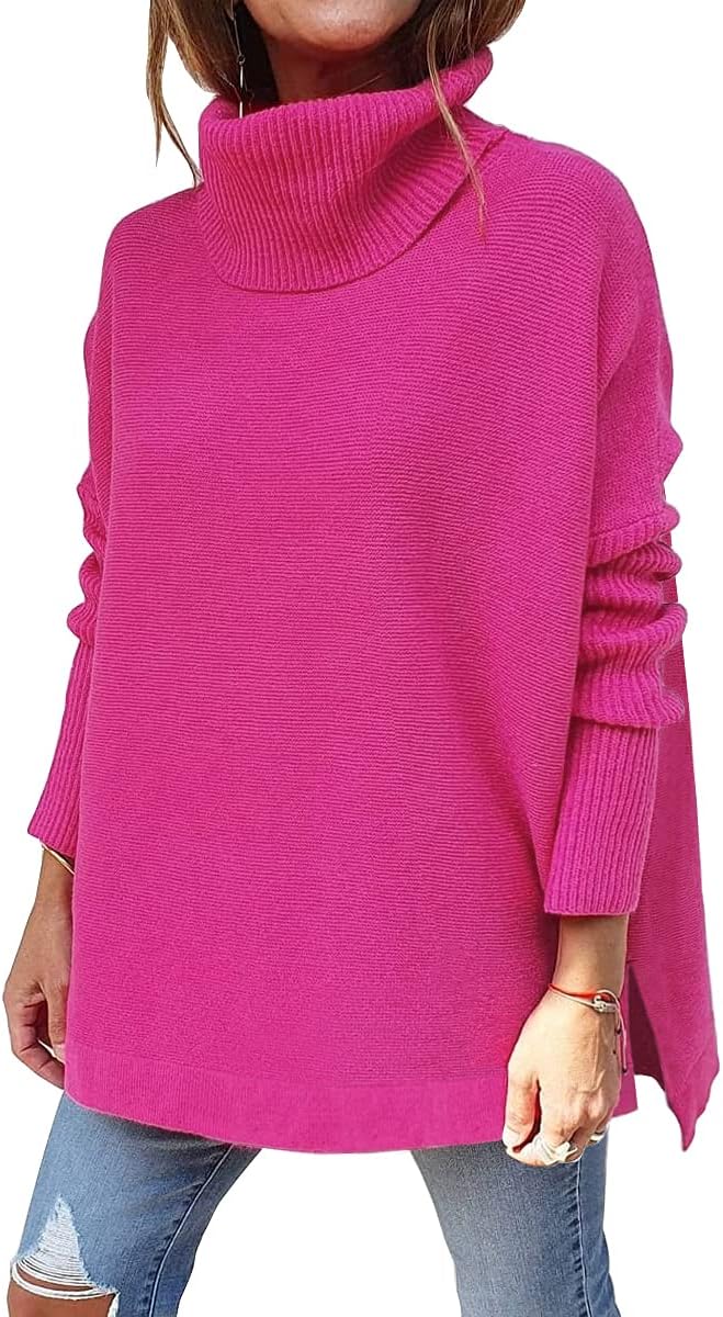 LILLUSORY Women's Turtleneck Oversized Sweaters Long Batwing Sleeve Spilt Hem Tunic Pullover Knit Tops