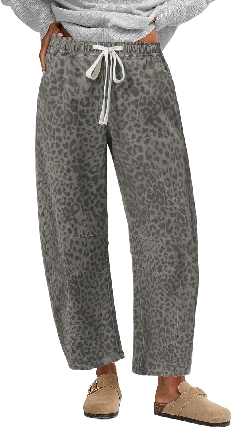 GRAPENT Barrel Jeans for Women Trendy High Waisted Pull On Wide Leg Cropped Leopard Cheetah Print Stretchy Denim Pants