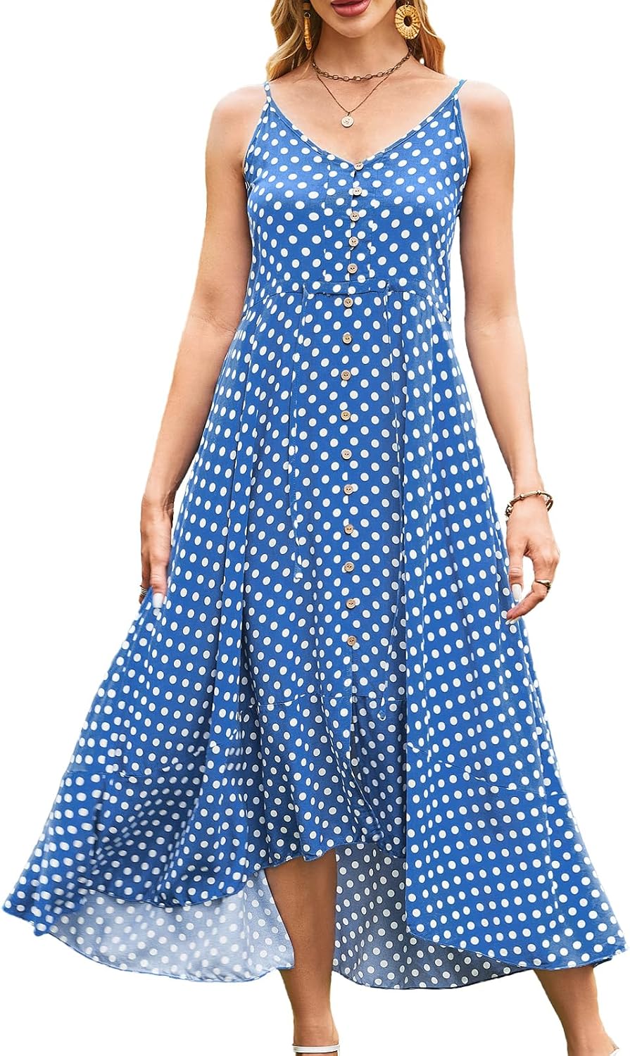 BROVAVE Women's 2025 Summer Casual Boho Sundress Polka Dot Spaghetti Strap V Neck Flowy Midi Dresses