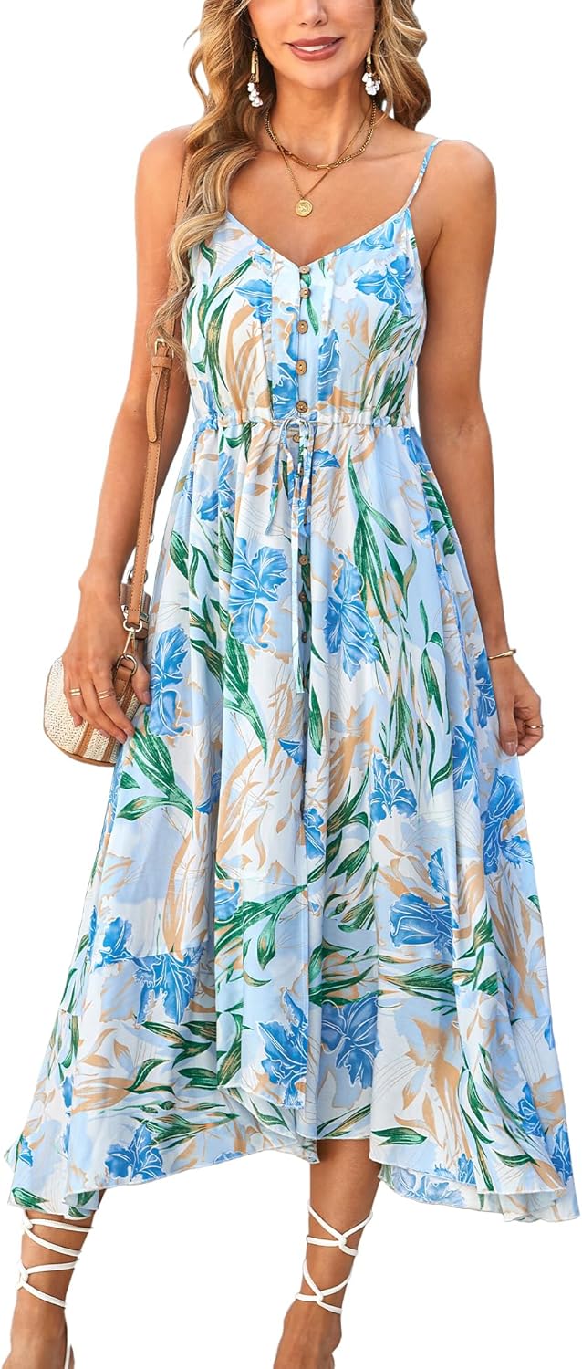 BROVAVE Women's 2025 Summer Casual Boho Sundress Polka Dot Spaghetti Strap V Neck Flowy Midi Dresses