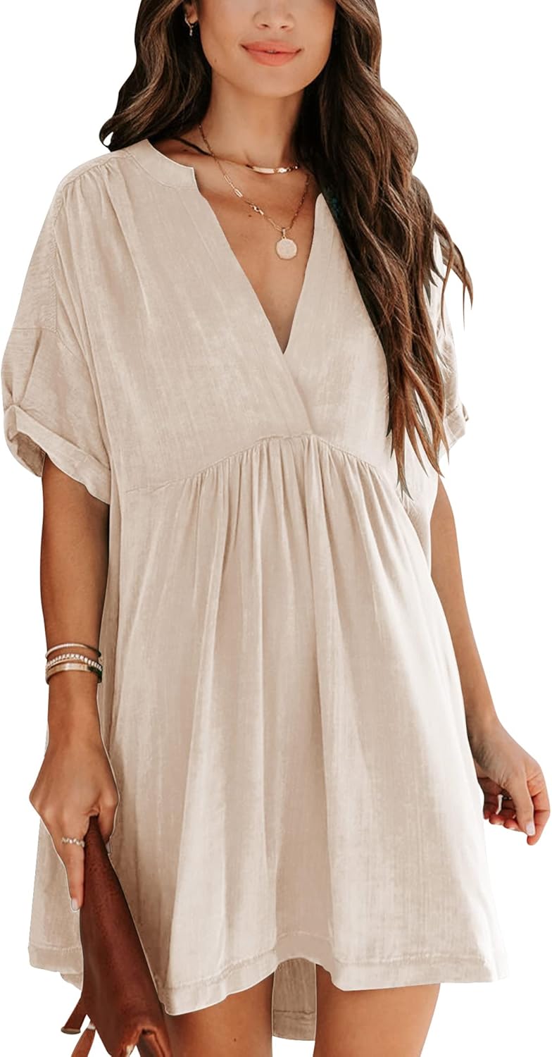 Minclouse Women's Babydoll Short Sleeve Tunic Dress V Neck Cute Casual Loose Dresses