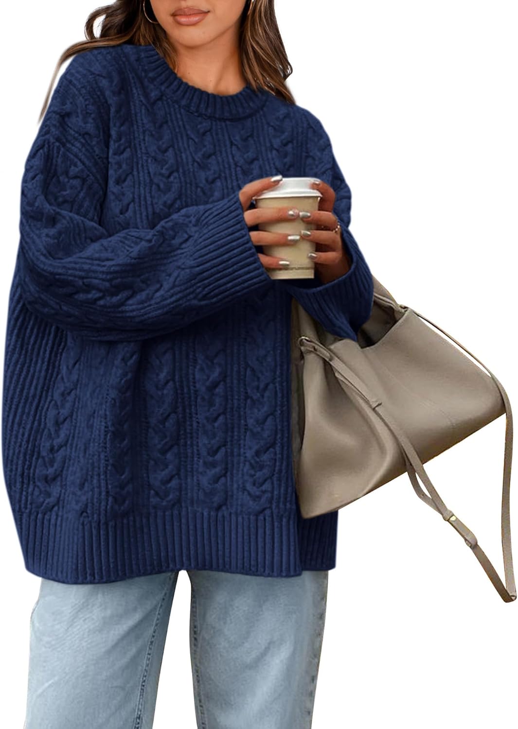 Okiwam Women's Oversized Sweaters Crewneck Cable Knit Pullover Casual Loose Fall Outfits Fashion Clothes 2025