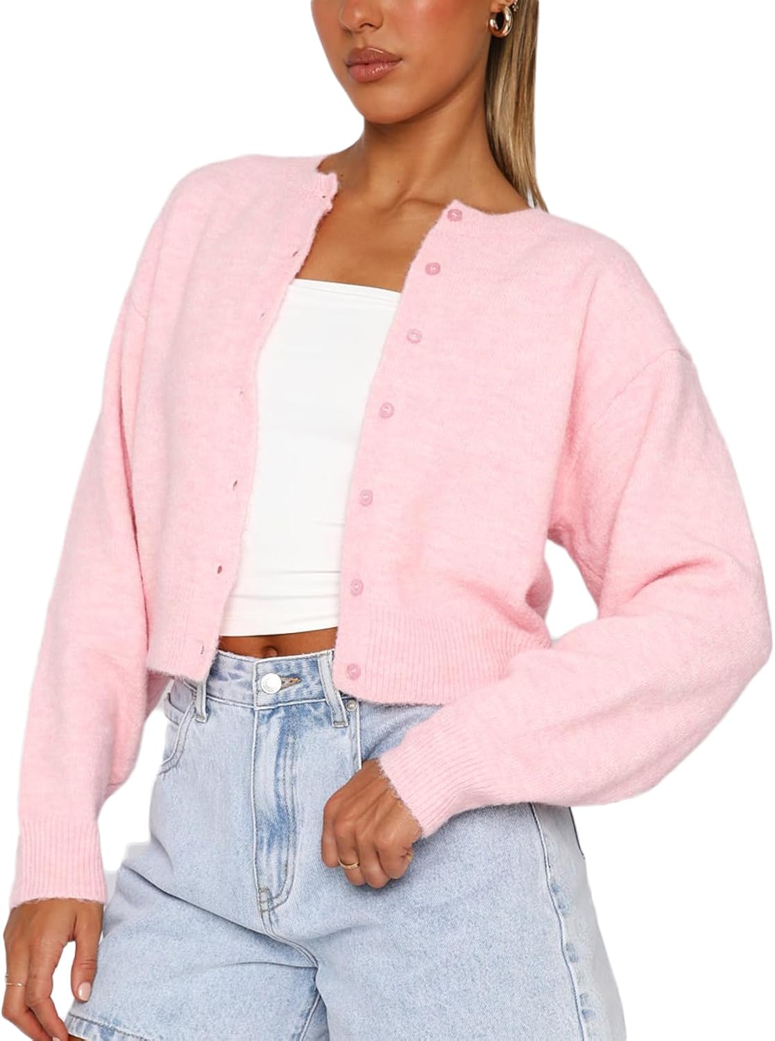 Women Y2K Button Front Crop Sweater Cardigan Solid Color Crew Neck Long Sleeve Knit Fall Tops Streetwear