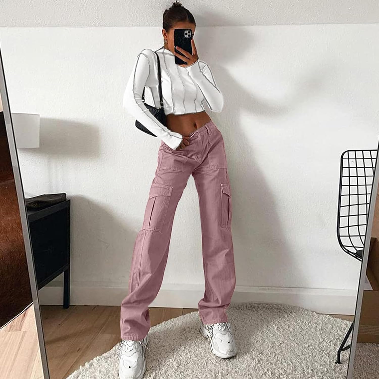 Lepunuo Cargo Pants for Women High Waisted Casual Pants Baggy Stretchy Wide Leg Y2K Streetwear with 6 Pockets