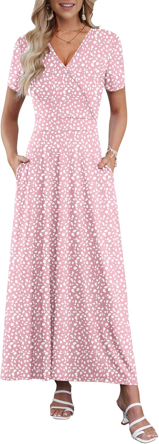 AUSELILY Maxi Dresses for Women Ankle Length Floral Print Beach Long Flowy Dress with Pockets