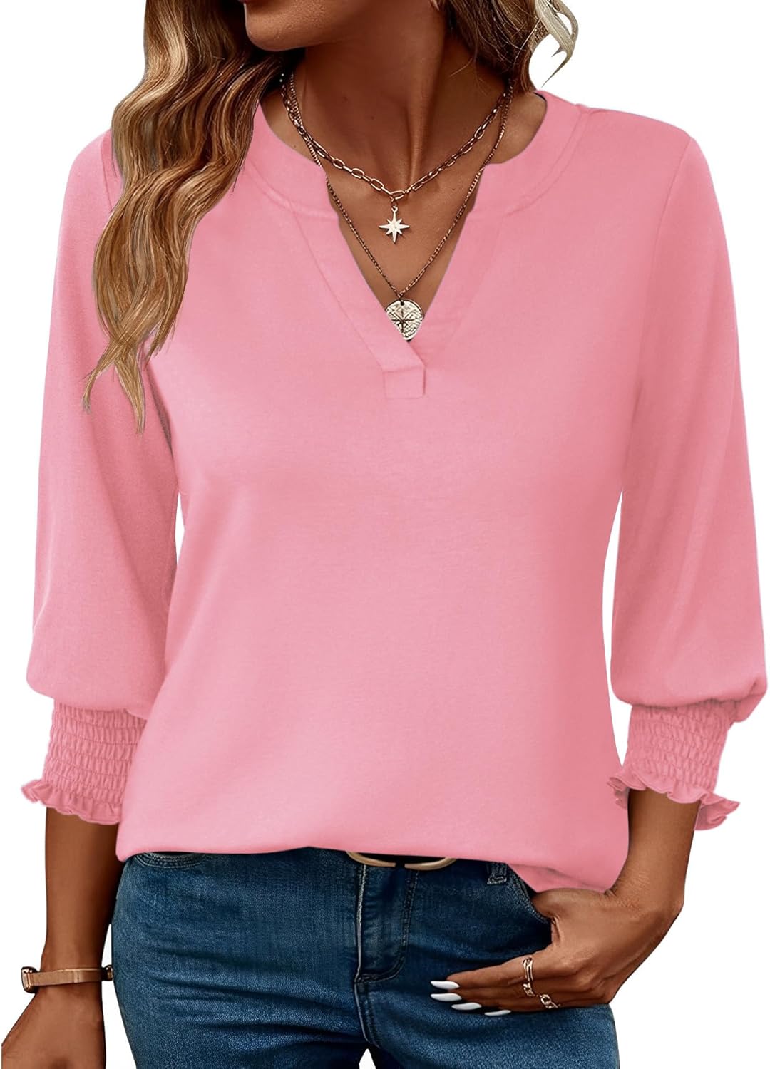 LOMON Women's 2025 Fashion Tops 3/4 Length Sleeve Business Casual Blouses Summer Tees Shirts