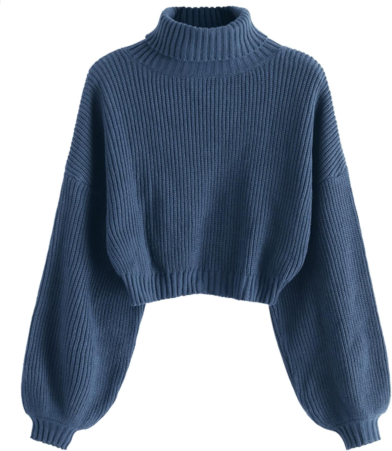 ZAFUL Women's Cropped Turtleneck Sweater Lantern Sleeve Ribbed Knit Pullover Sweater Jumper