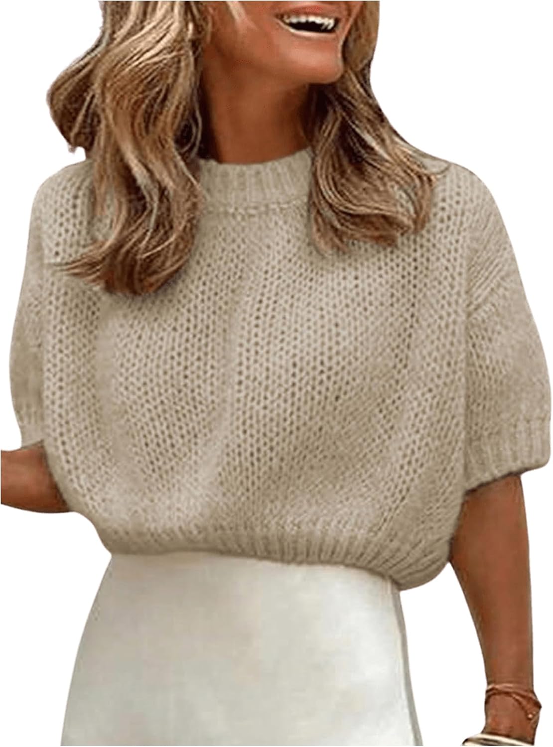 GORGLITTER Women's Puff Sleeve Crewneck Knit Shirt Top Short Sleeve Solid Loose Sweater