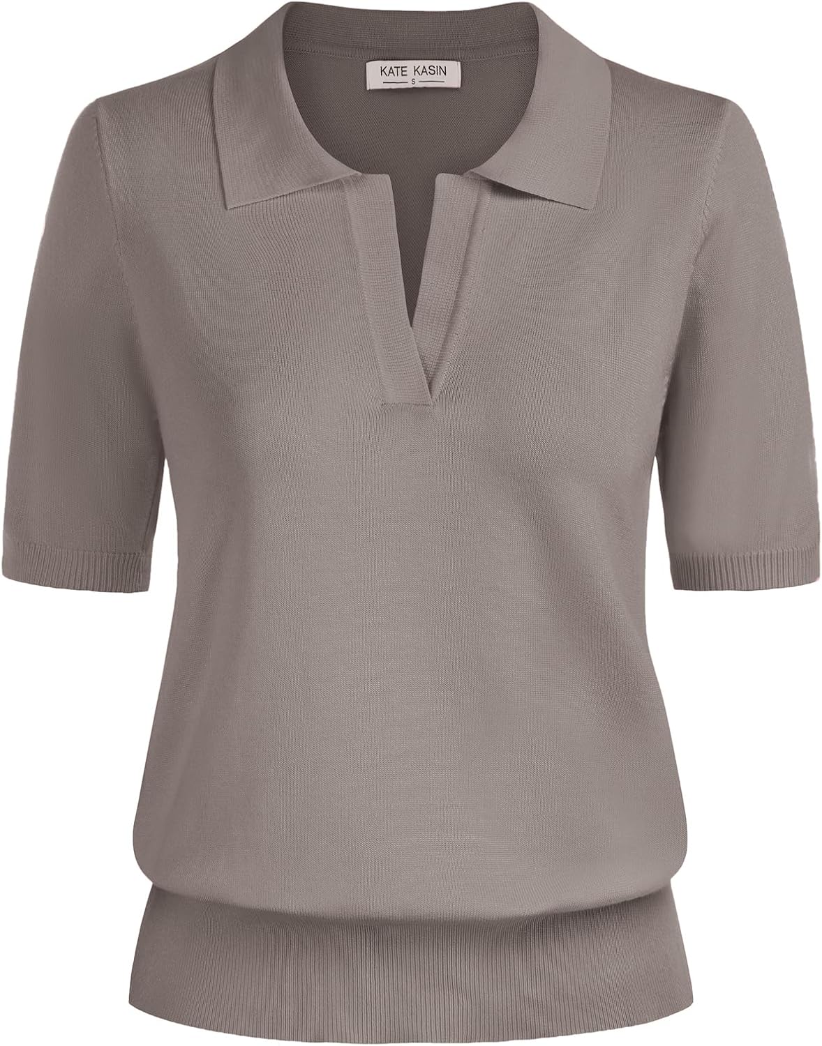 Kate Kasin Women Short Sleeve Polo Sweater V Neck Knitted Tops Casual Ribbed Shirt Loose Pullover Sweater