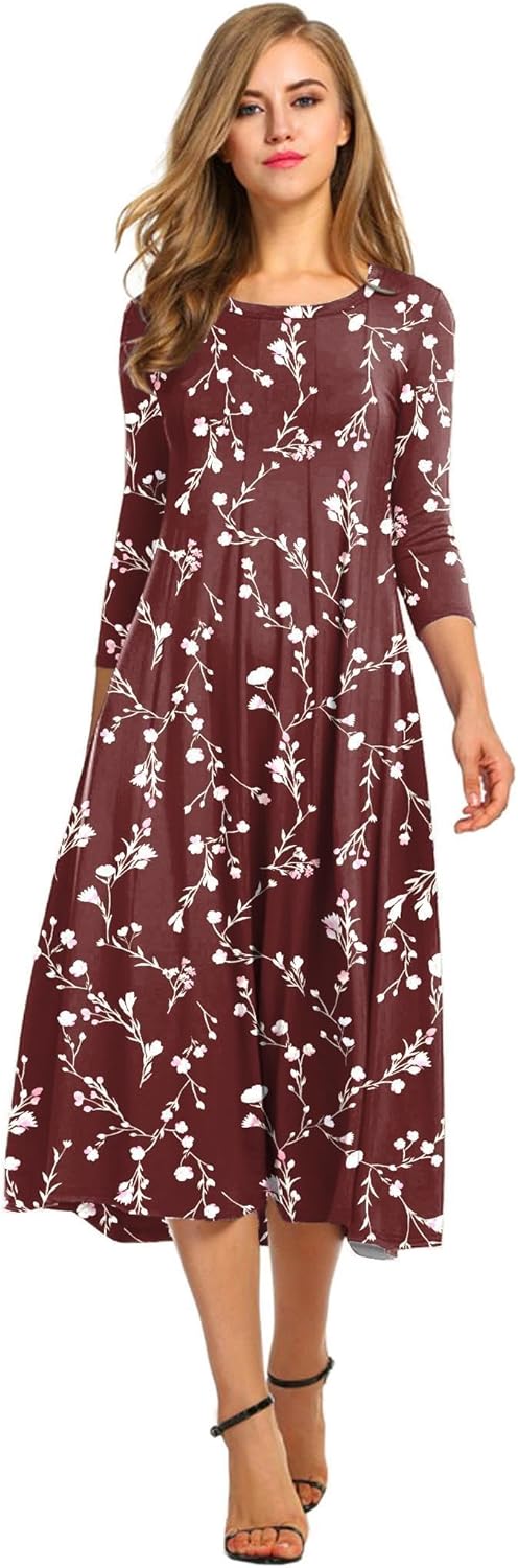 HOTOUCH Women's 3/4 Sleeve A-line and Flare Midi Long Dress