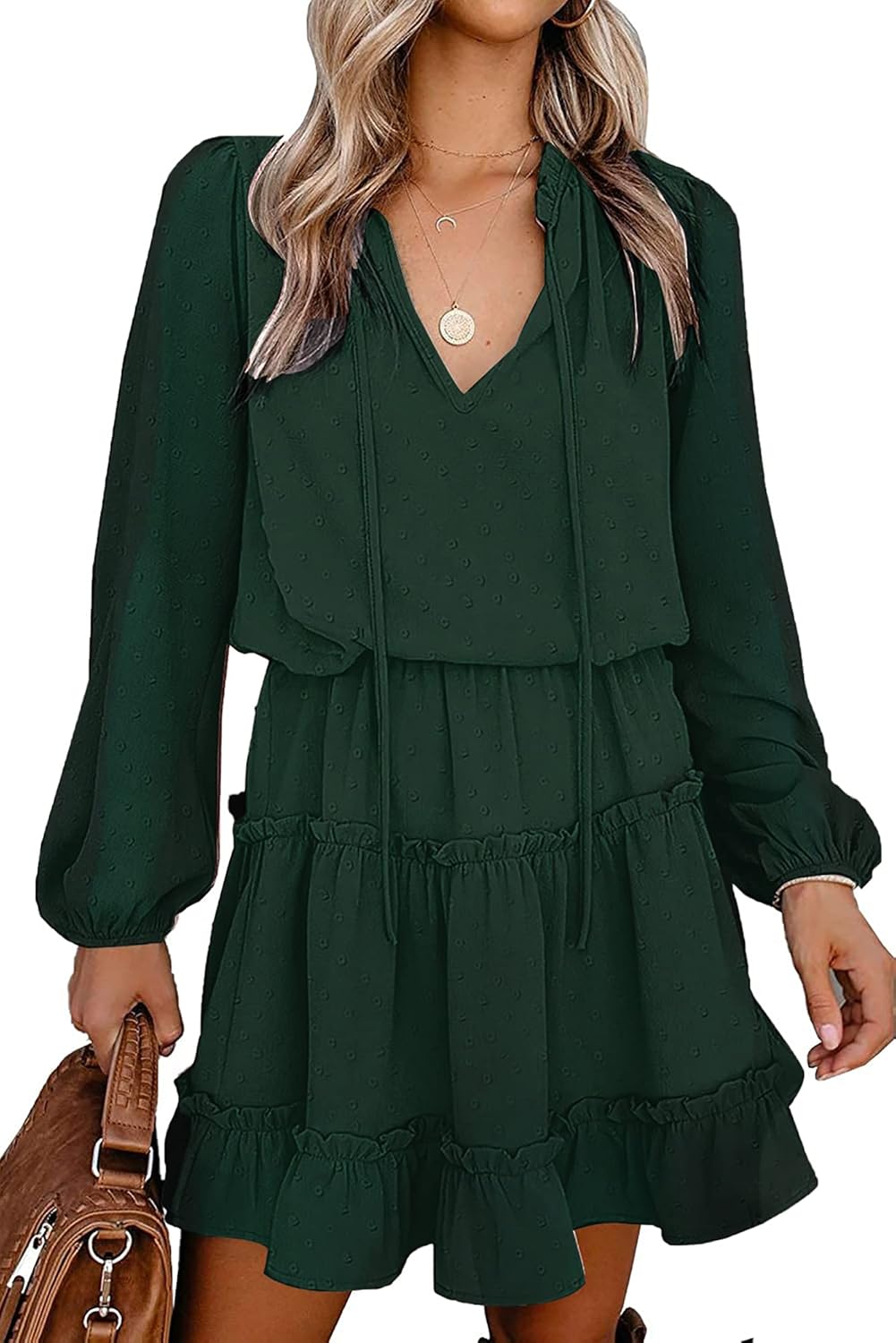 BTFBM Long Sleeve Fall Dresses for Women 2025 Summer Casual Tie Neck Ruffle Tiered A Line Wedding Guest Short Mini Dress