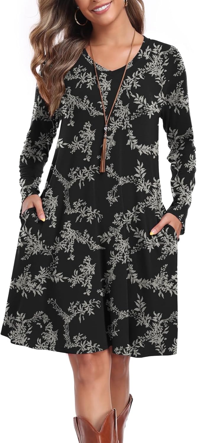 Women's Casual T Shirt Dresses Fall Long Sleeve Swing Dress with Pockets