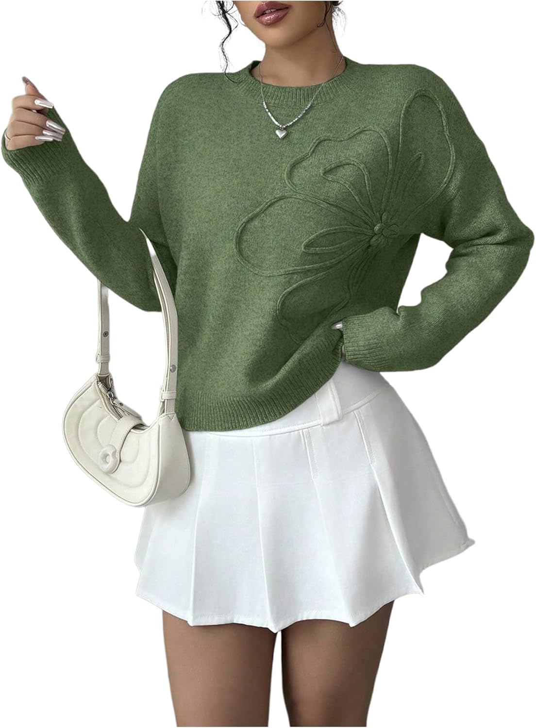 Women's 3D Floral Appliques Crewneck Sweaters Long Sleeve Drop Shoulder Pullovers Elegant Knit Tops