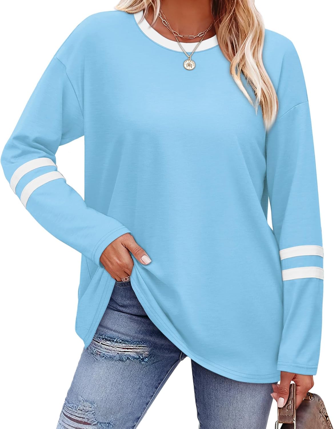 Sampeel Long Sleeve Shirts for Women Color Block Casual Tops Fall Outfits 2025 Basic Tees Trendy Clothes
