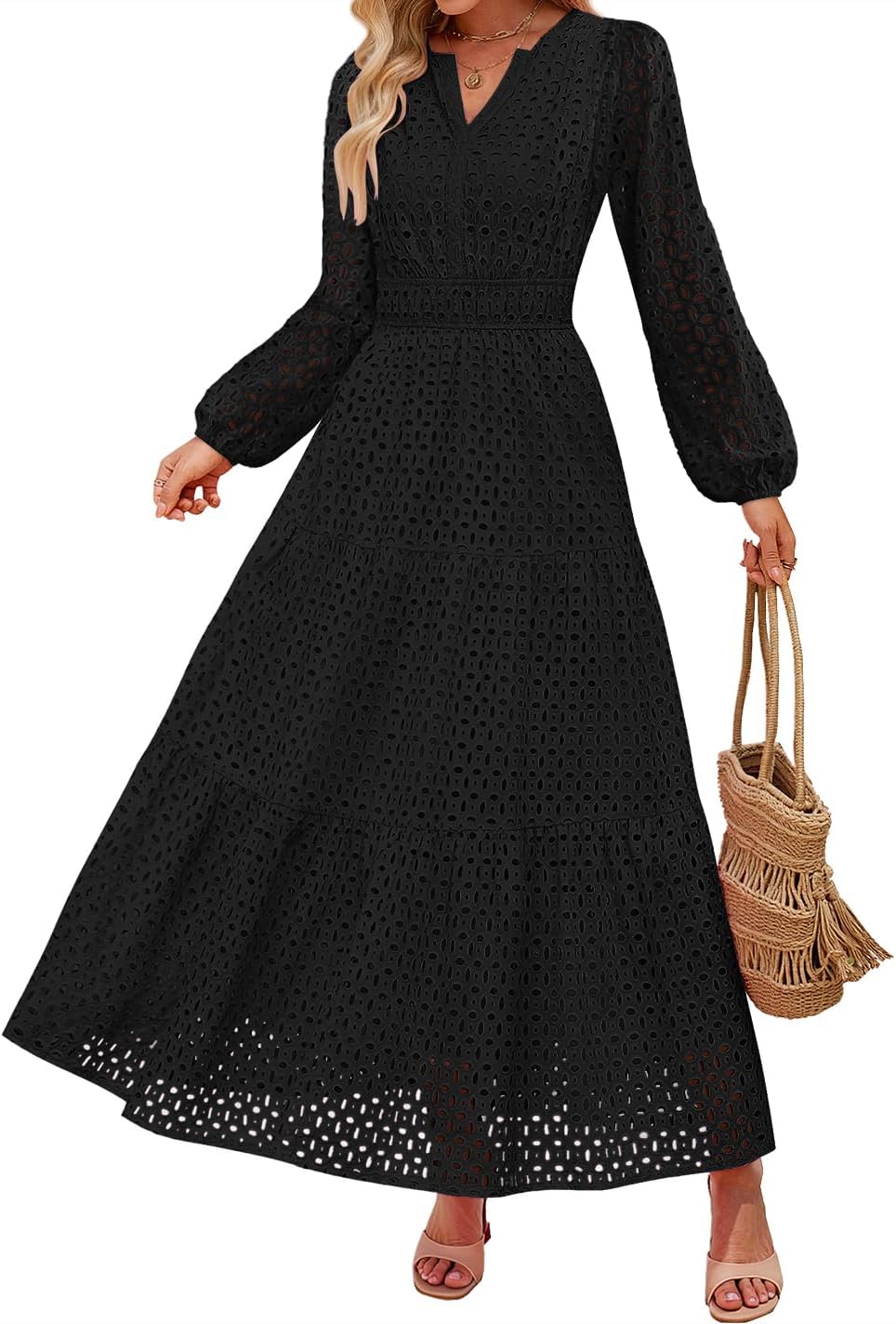 ZESICA Women's 2025 Fall Long Sleeve Maxi Dress V Neck Hollow Out Eyelet A Line Long Flowy Casual Party Dresses