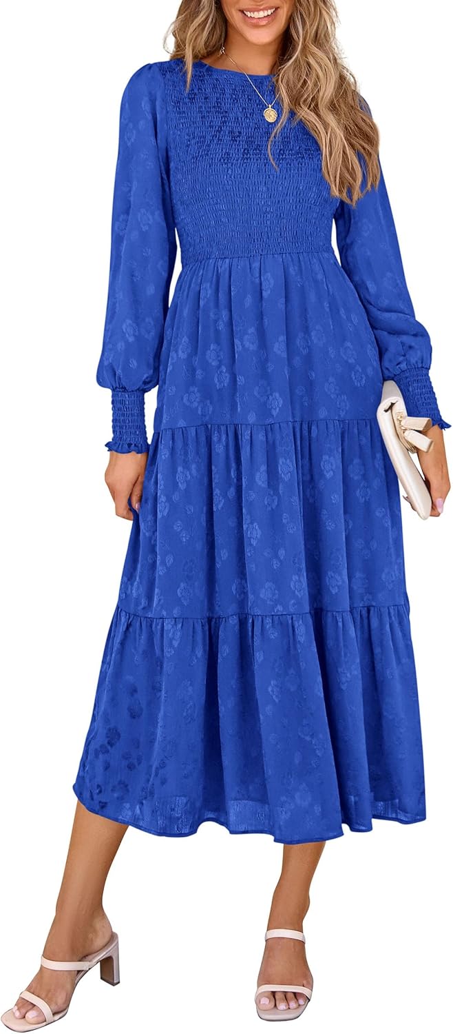 PRETTYGARDEN Women's Fall Spring Midi Dress Long Sleeve Floral Smocked Elegant Wedding Guest Long Flowy Dresses with Pockets