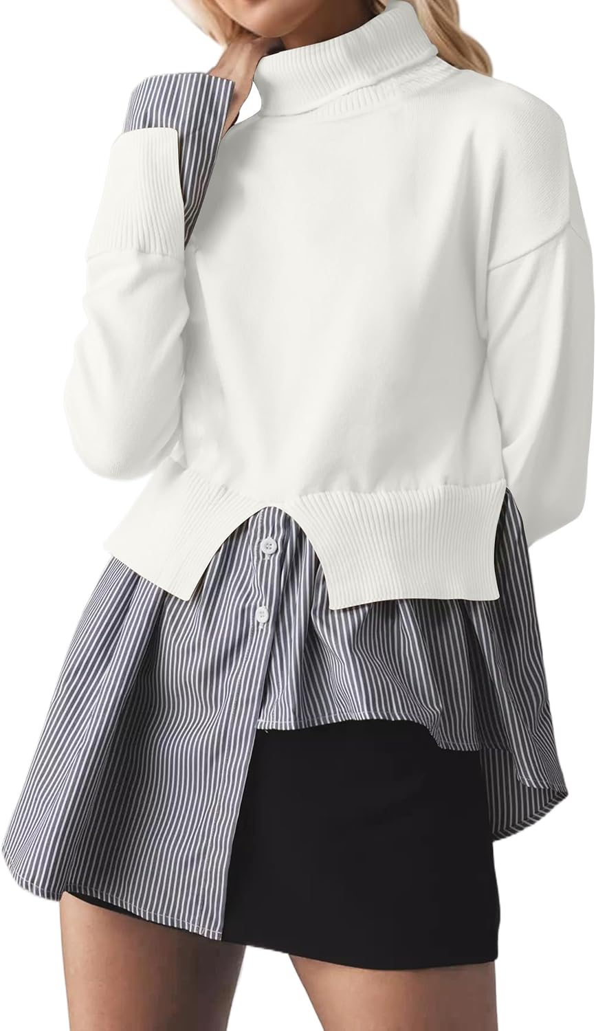 MISSACTIVER Women Slit Turtleneck Patchwork Sweater 2 in 1 Buttons Down Pullover Knit Sweater Asymmetrical Hem Shirt Top