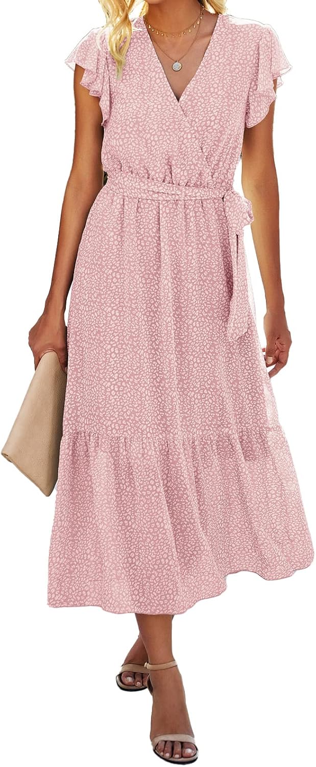 BTFBM Women Summer Bohemian Floral Casual Wrap V Neck Ruffle Cap Sleeveless Belt A-Line Pleated Hem Midi Sun Dress White