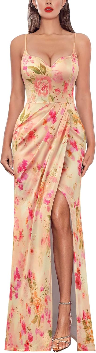 VFSHOW Womens Sexy Formal Ruched Fitted High Slit Bodycon Maxi Dress Spaghetti Strap Sweetheart Cocktail Prom Evening Gown