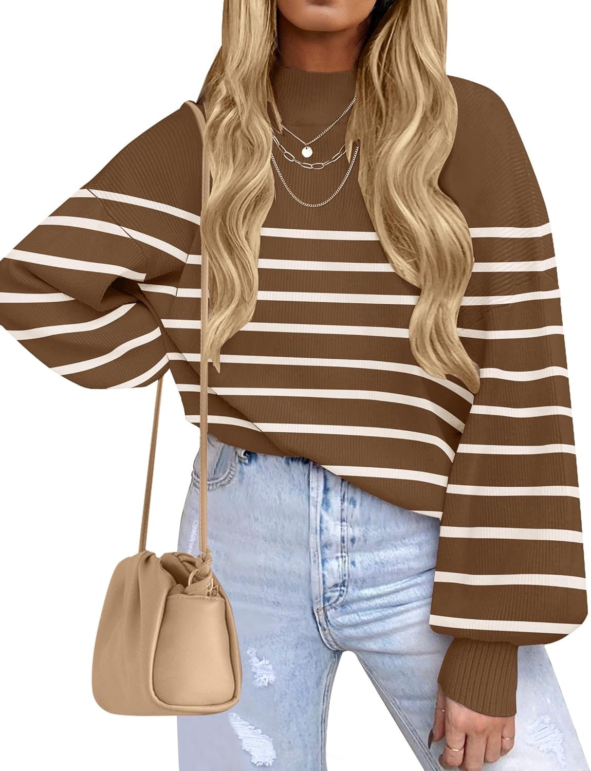 ZESICA Women's 2025 Fall Fashion Turtleneck Long Sleeve Striped Ribbed Knit Loose Pullover Sweater Tops