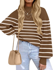 ZESICA Women's 2025 Fall Fashion Turtleneck Long Sleeve Striped Ribbed Knit Loose Pullover Sweater Tops