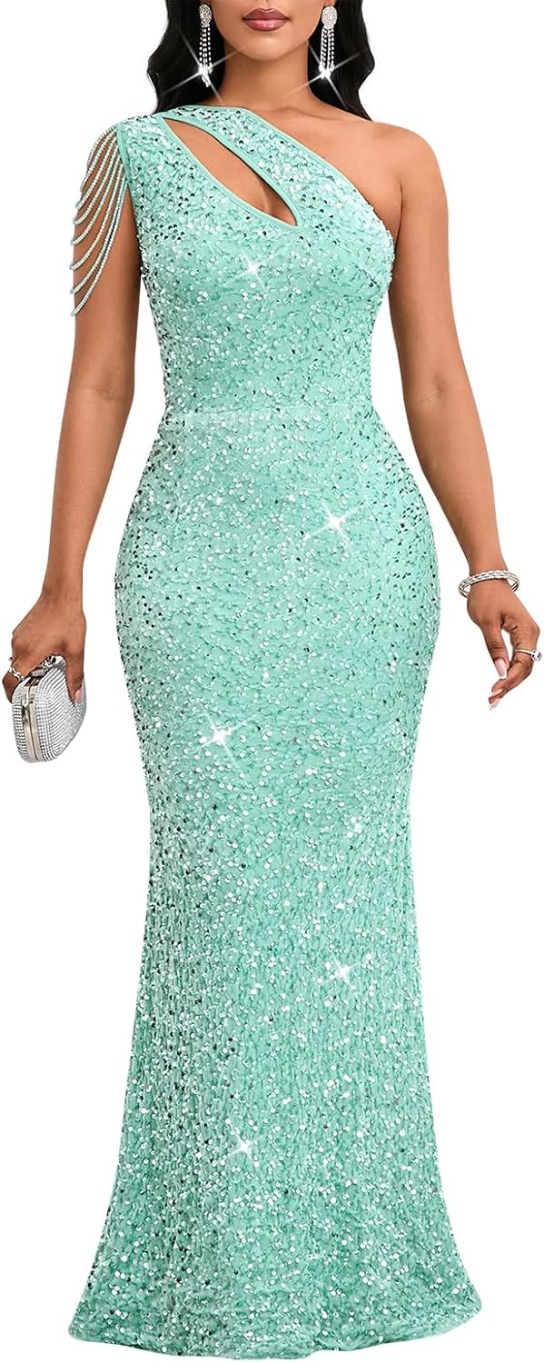 Cololura Women Sequin Elegant Sexy One Shoulder Tassel Mermaid Bodycon Cocktail Evening Dress