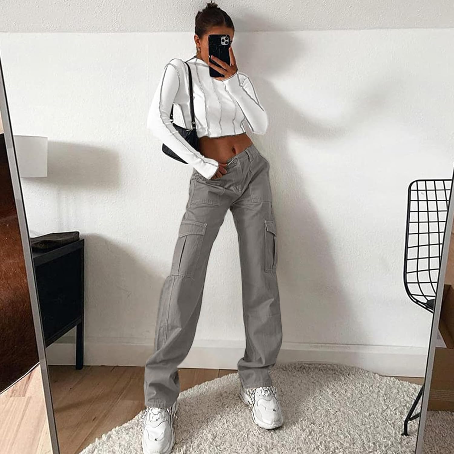Lepunuo Cargo Pants for Women High Waisted Casual Pants Baggy Stretchy Wide Leg Y2K Streetwear with 6 Pockets