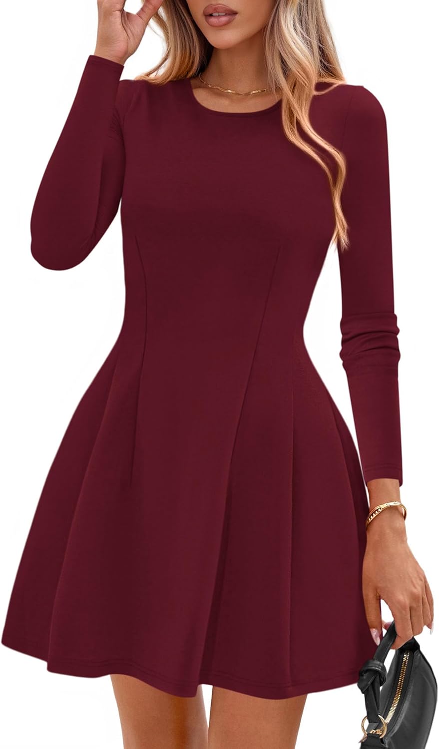 PRETTYGARDEN Long Sleeve Mini Dress for Women 2025 Fall Crewneck Knit Pleated Babydoll A Line Soft Casual Short Party Dresses