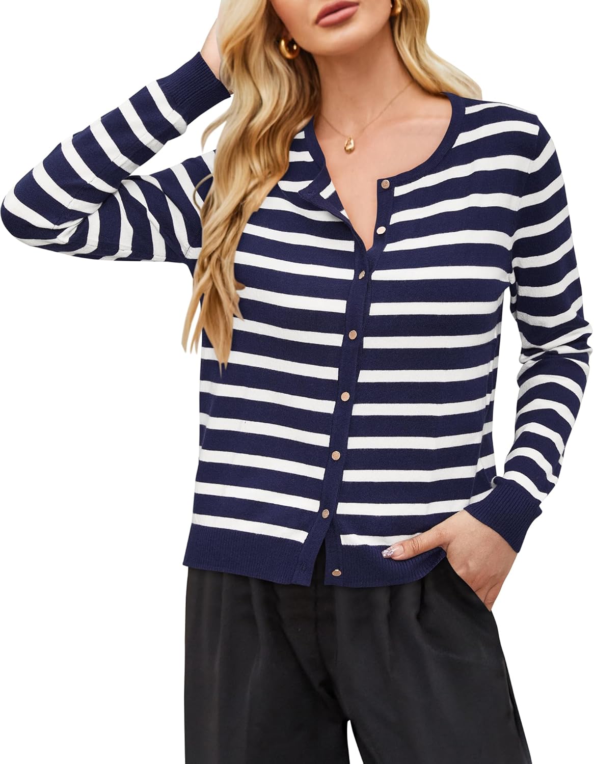 Newshows Women's Lightweight Button Down Cardigan Long Sleeve Casual Crew Neck Soft Knit Cardigans Sweater Tops