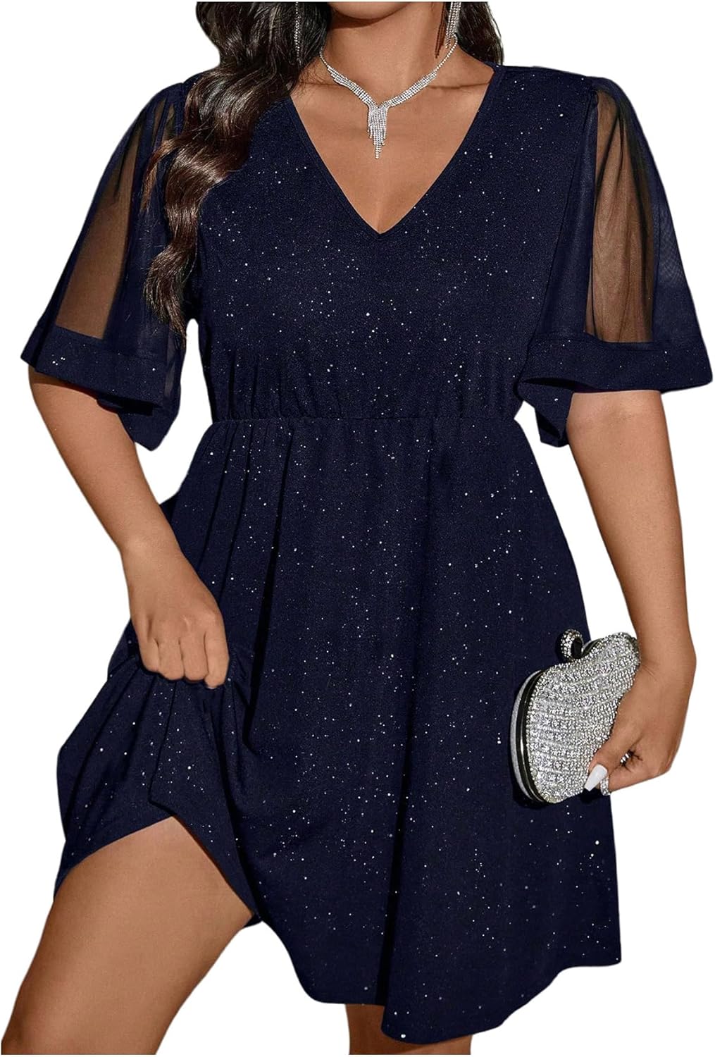 Floerns Women's Plus Size Contrast Mesh Half Flounce Sleeve V Neck Glitter Flared Hem A Line Dress