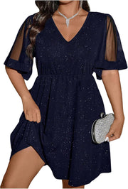 Floerns Women's Plus Size Contrast Mesh Half Flounce Sleeve V Neck Glitter Flared Hem A Line Dress