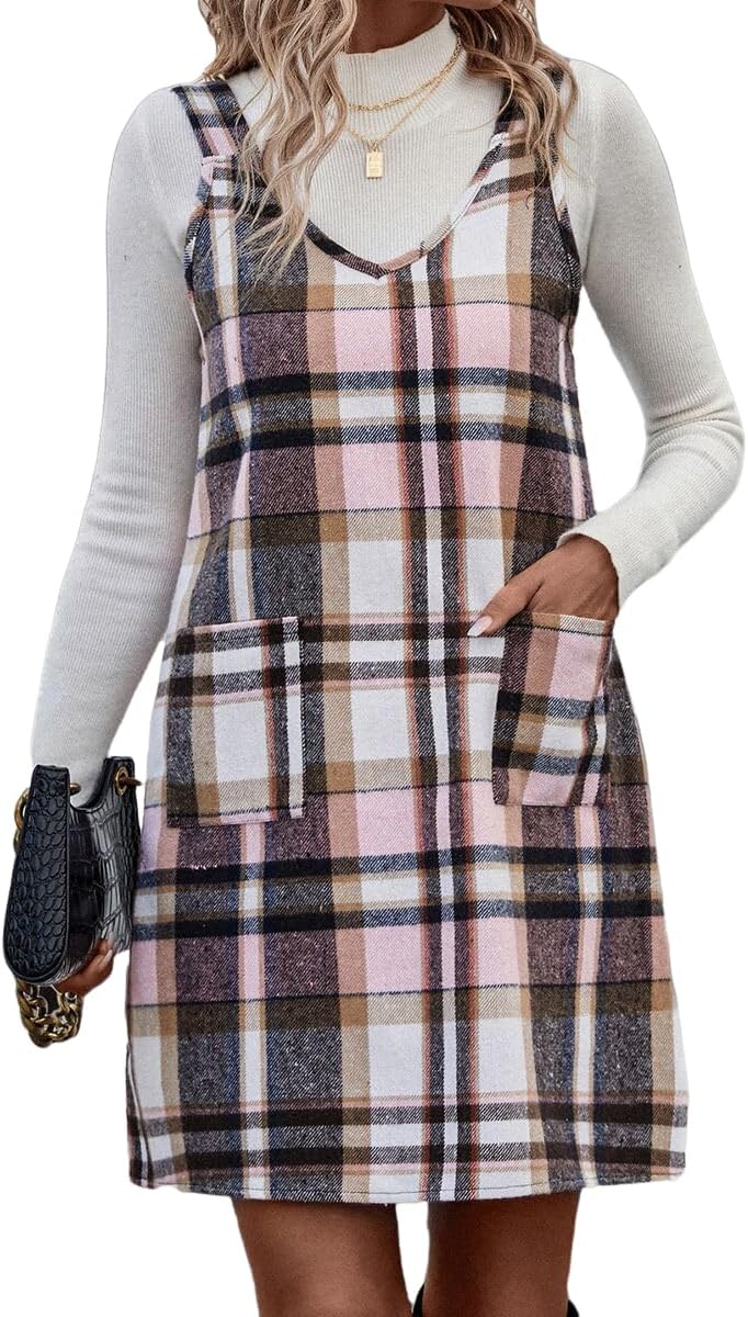 IDEALSANXUN Plaid Overall Dress for Women Fall Winter Sleeveless Plaid Dresses with Pockets