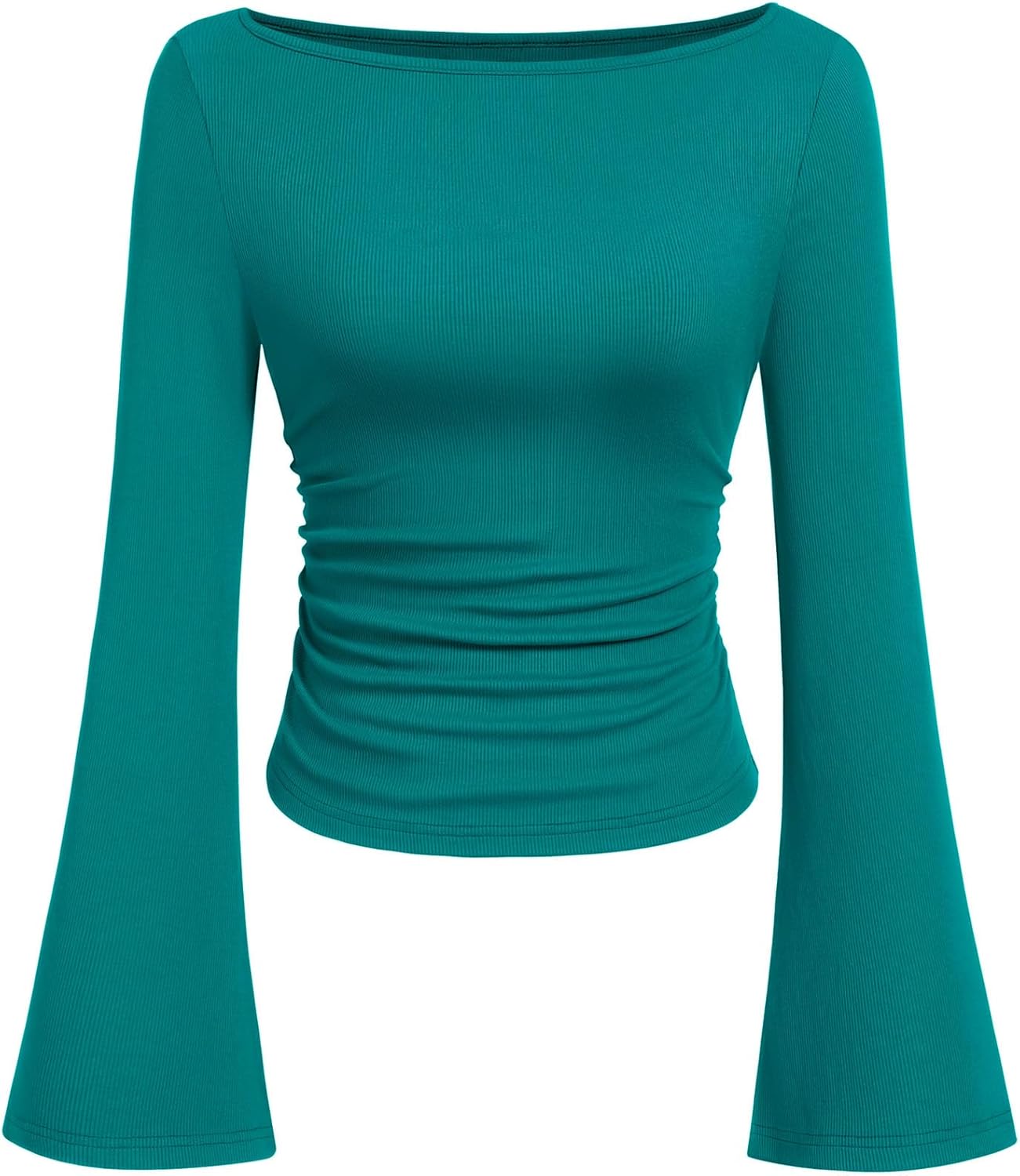 PRETTYGARDEN Women's Long Sleeve Shirts 2025 Fall Crop Going Out Tops Casual Boat Neck Bell Sleeve Ribbed Ruched Y2K Clothes