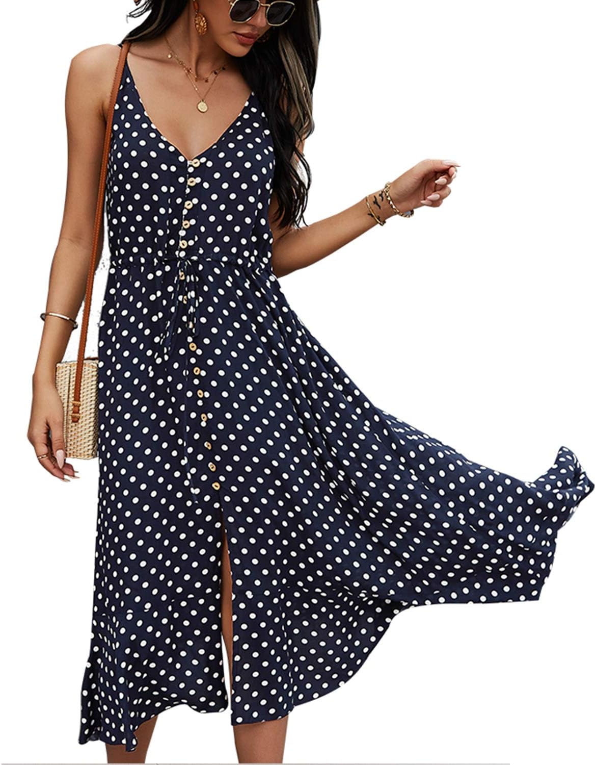 BROVAVE Women's 2025 Summer Casual Boho Sundress Polka Dot Spaghetti Strap V Neck Flowy Midi Dresses